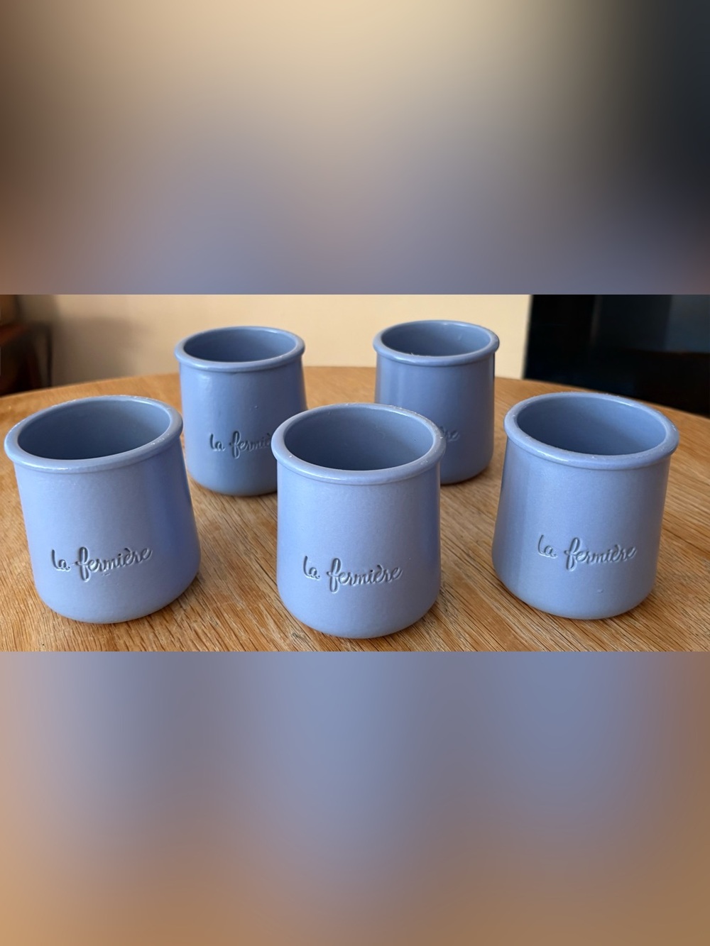 Lot of 5 Terra cotta yogurt pot, La Fermière, periwinkle blue glazed